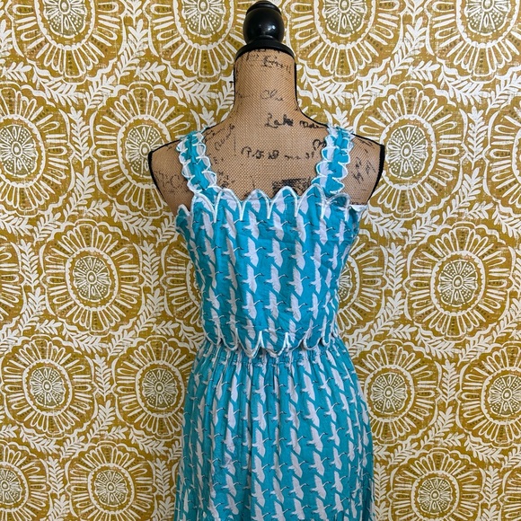 Victoria Dunn Lupine Scalloped Cotton Crane Print Top Skirt Set Sz XS RARE - Picture 12 of 15
